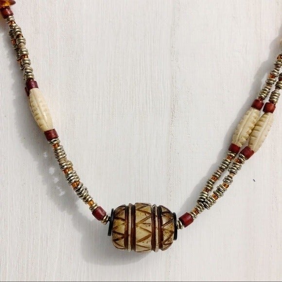 Handmade Metal Beaded Necklace with Carved Bead Focal - Picture 3 of 9
